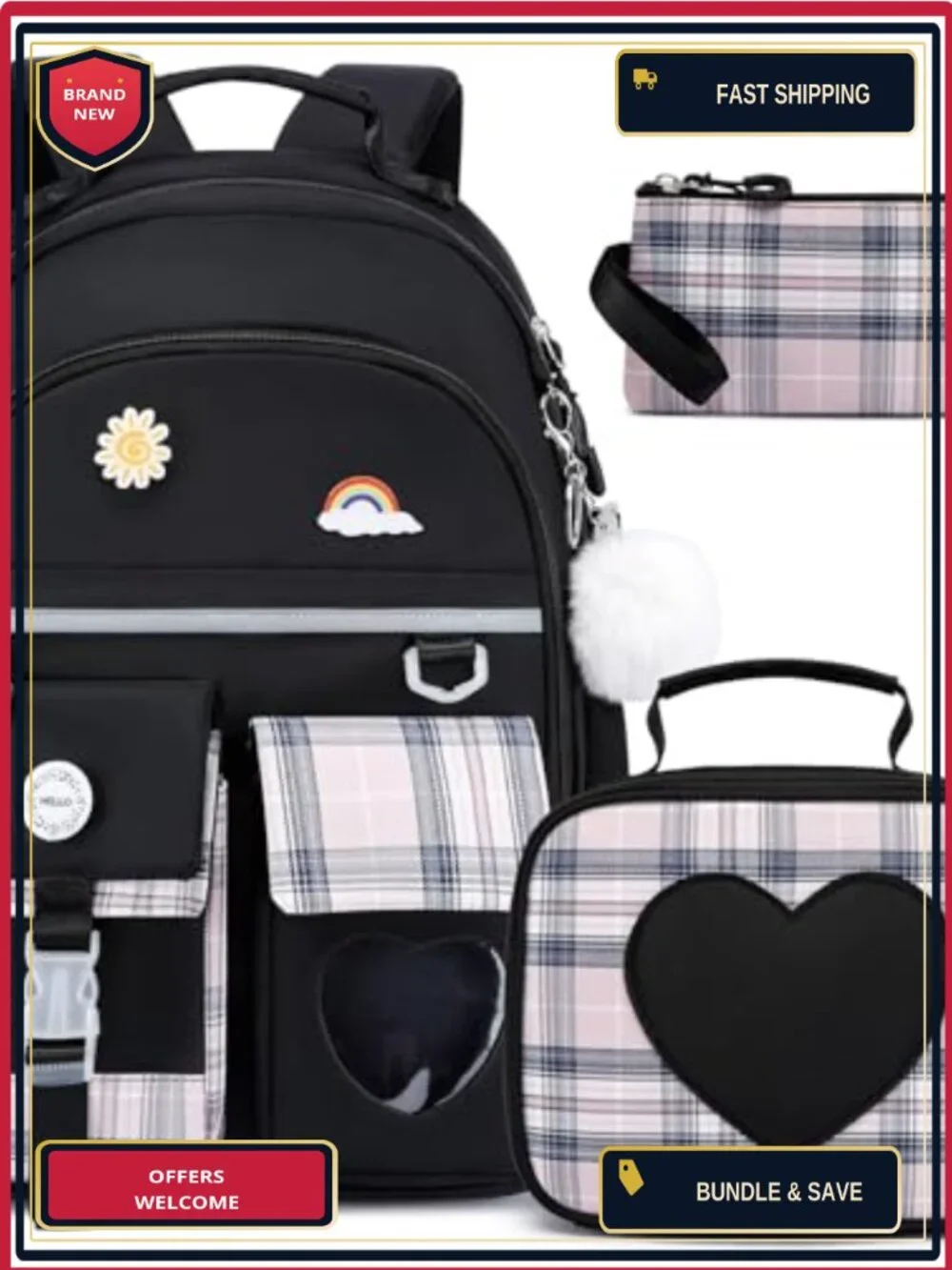 Kids Backpack with Lunch Bag & Pencil Case, 15 Inch Laptop Sleeve, Water